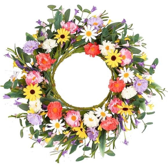 Artificial Flower Wreath,20” Purple Yellow White Pink Floral Wreath Spring